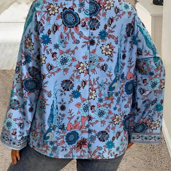 Plus Floral Print Flounce Long Sleeve Blouse